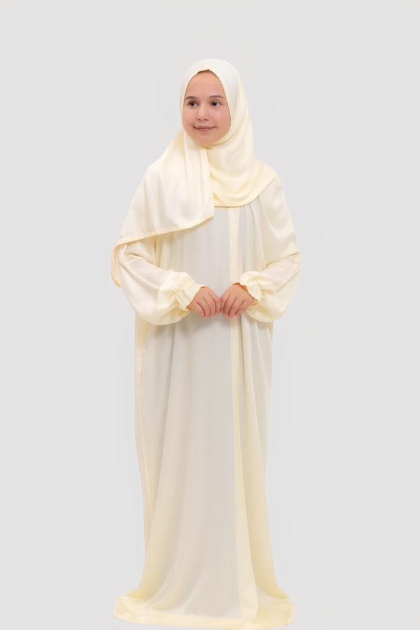 PREMIUM SOFT KIDS PRAYER DRESS WITH ATTACHED SHEILA (CREAM)
