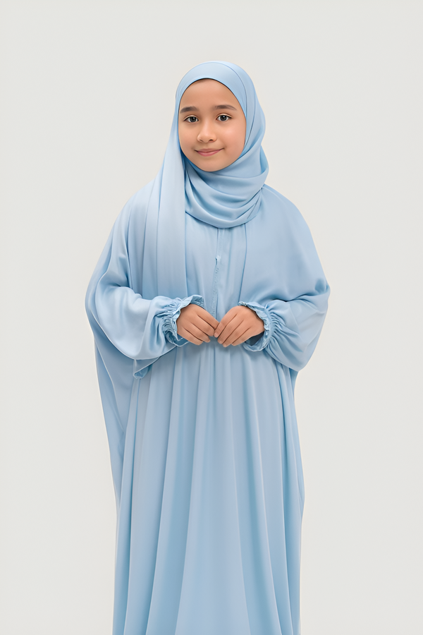 PREMIUM SOFT KIDS PRAYER DRESS WITH ATTACHED SHEILA (BLUE)